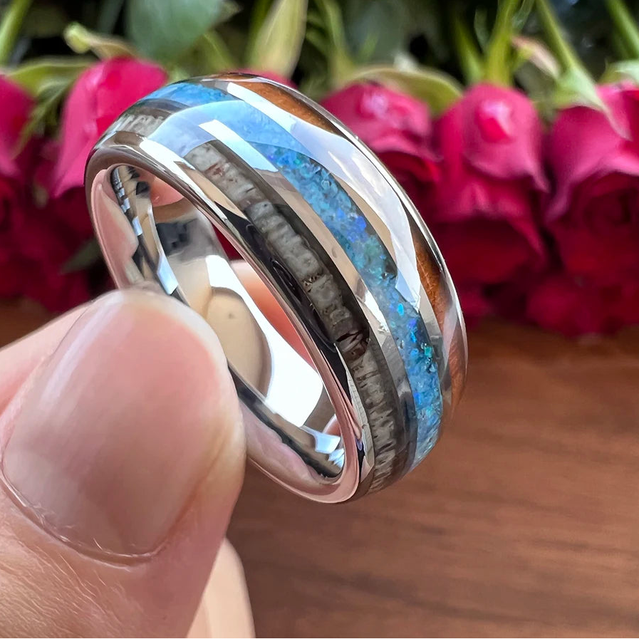 Blessing of Freyr Tungsten Carbide and Deer Antler Ring and Wedding Band