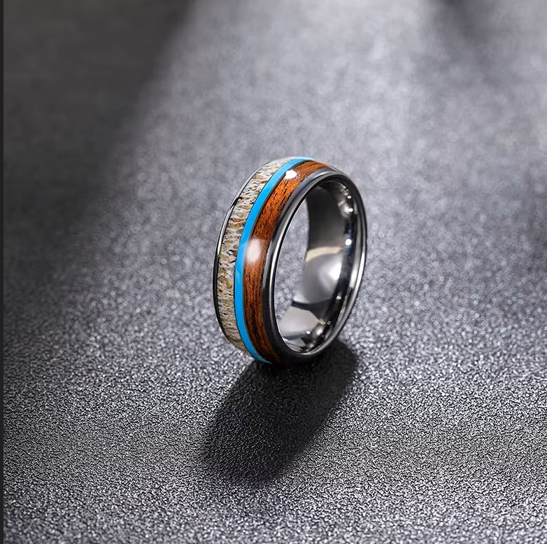 Blessing of Freyr Tungsten Carbide and Deer Antler Ring and Wedding Band