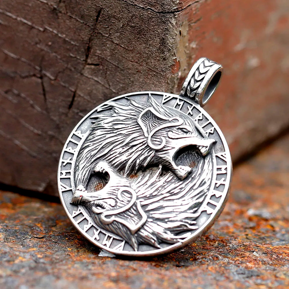 Fenrir Wolf with Aegishjalmur Stainless Steel Pendant Necklace