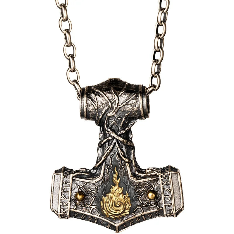 Flaming Mjolnir Necklace in 925 Sterling Silver
