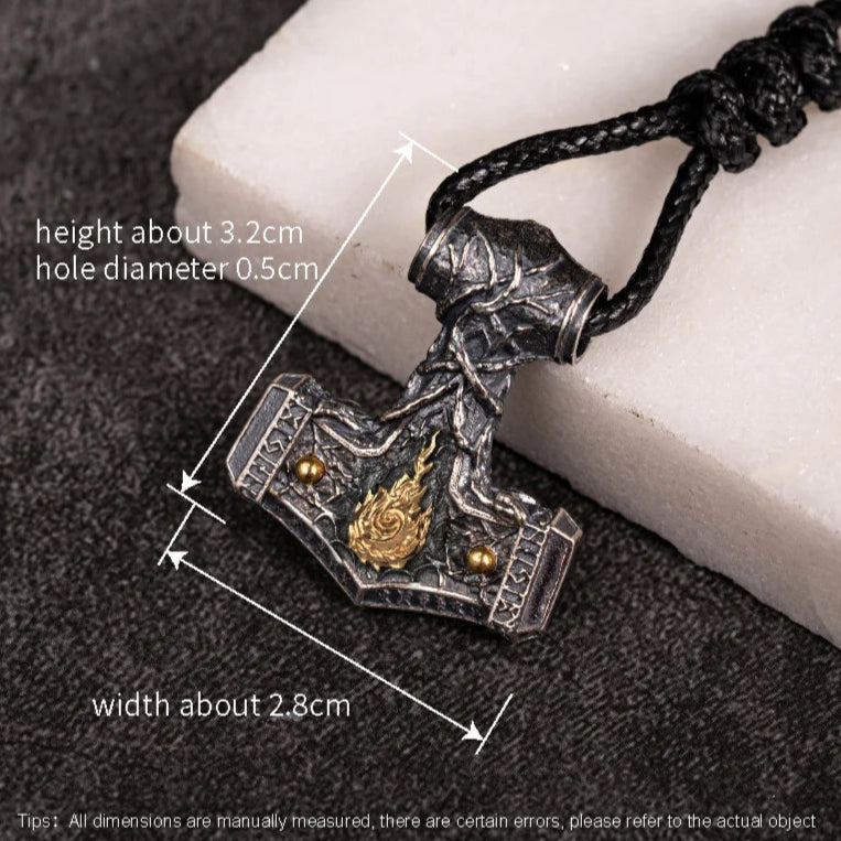 Flaming Mjolnir Necklace in 925 Sterling Silver