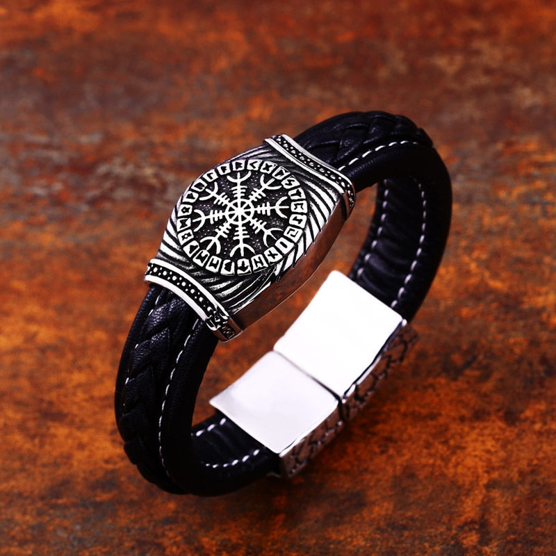 Viking Staves Valknut, Vegvisir and Aegishjalmur Leather and Steel Bracelet