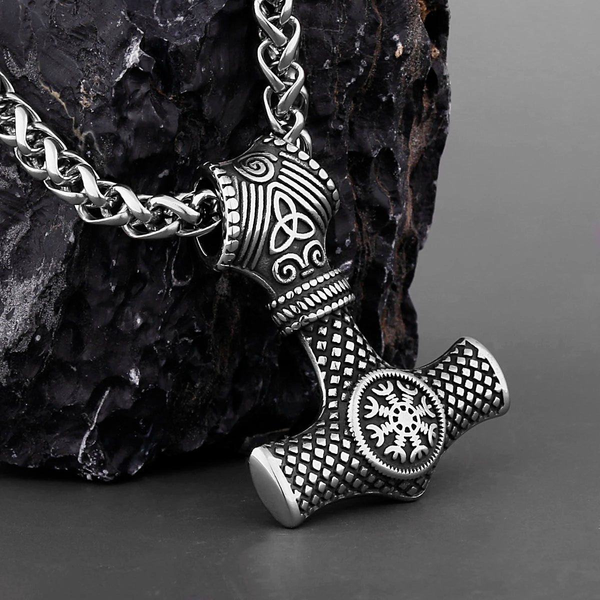 Hammer of Thor Mjolnir with Aegishjalmur Rune Stainless Steel Necklace