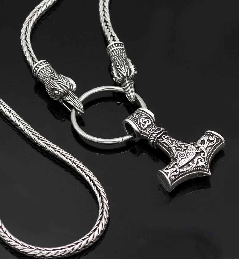 Mjolnir Hammer of Thor With Ravens Stainless Steel Necklace