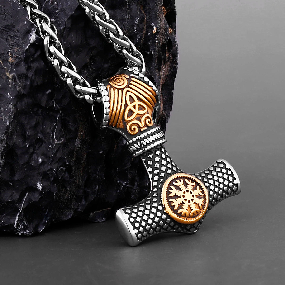 Hammer of Thor Mjolnir with Aegishjalmur Rune Stainless Steel Necklace