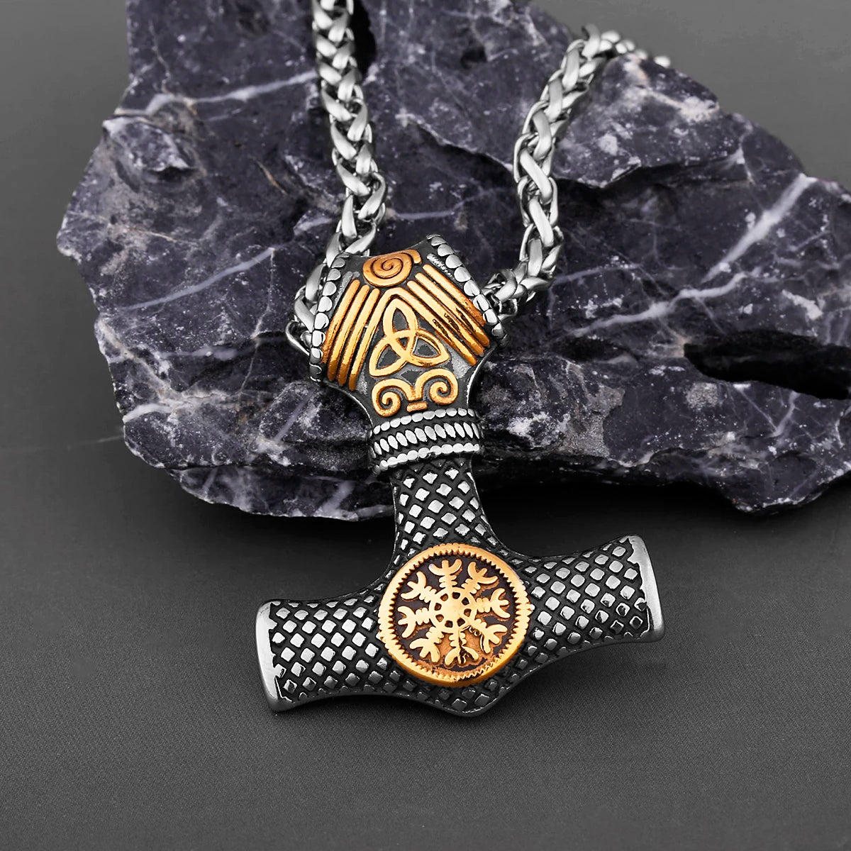 Hammer of Thor Mjolnir with Aegishjalmur Rune Stainless Steel Necklace