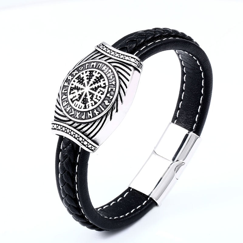 Viking Staves Valknut, Vegvisir and Aegishjalmur Leather and Steel Bracelet