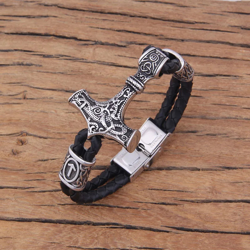 Mjolnir Leather Bracelet with Magnetic Buckle