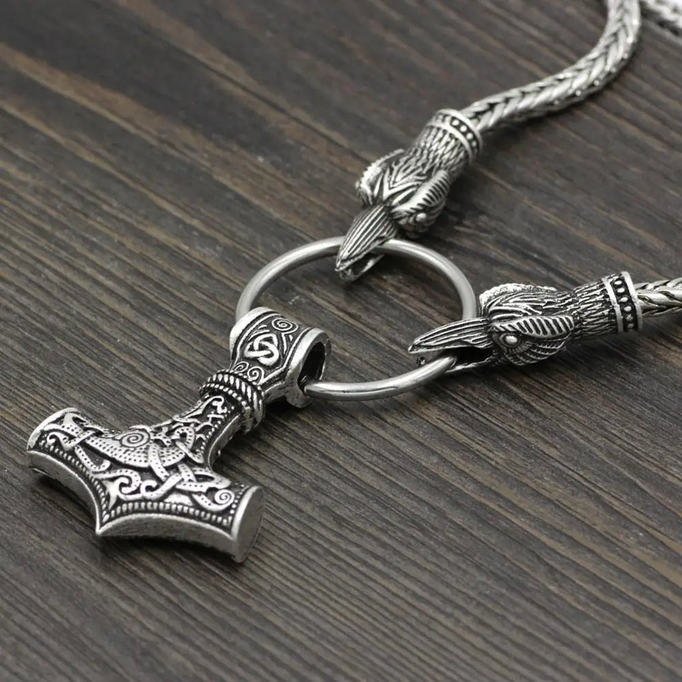 Mjolnir Hammer of Thor With Ravens Stainless Steel Necklace
