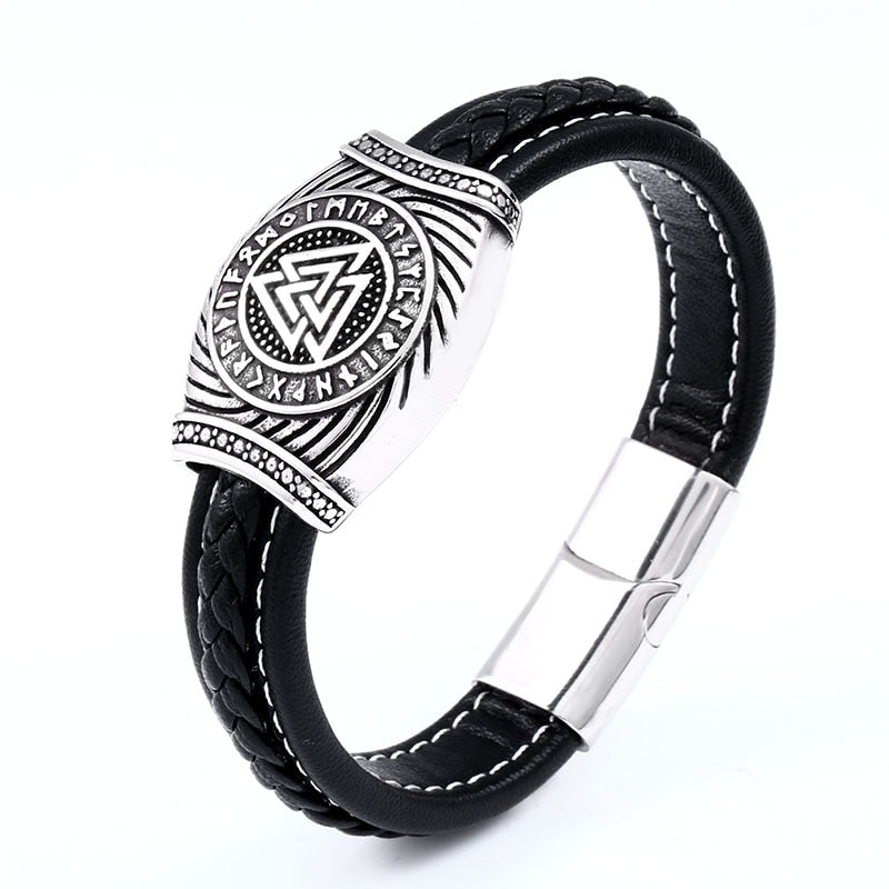 Viking Staves Valknut, Vegvisir and Aegishjalmur Leather and Steel Bracelet