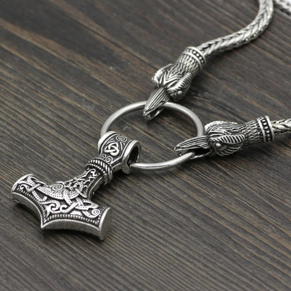 Mjolnir Hammer of Thor With Ravens Stainless Steel Necklace