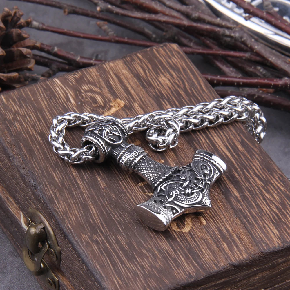 Hammer of Thor Mjolnir with Dragon Knot Stainless Steel Necklace