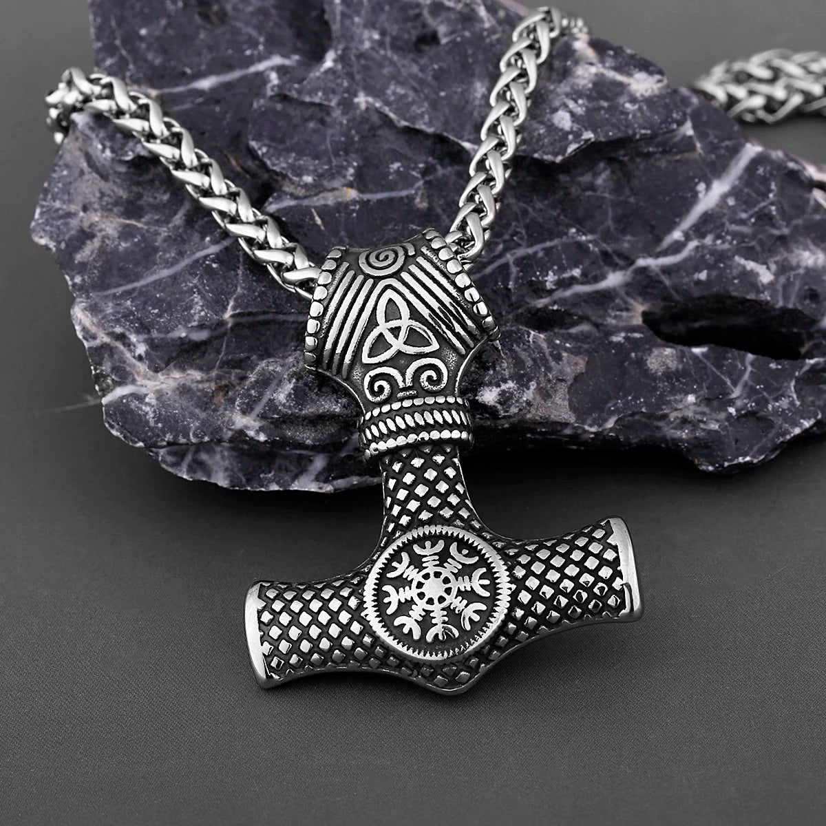 Hammer of Thor Mjolnir with Aegishjalmur Rune Stainless Steel Necklace