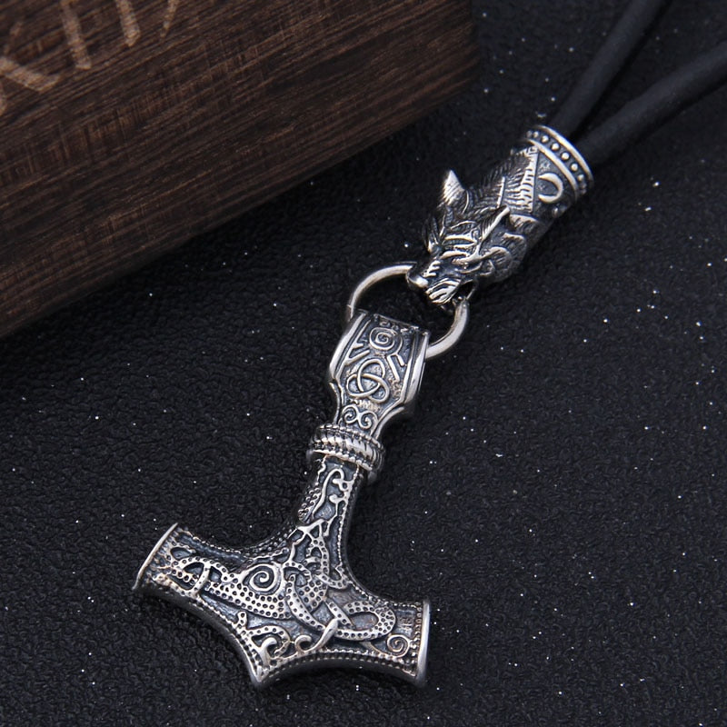 Mjolnir Necklace With Wolf Head in 925 Sterling Silver