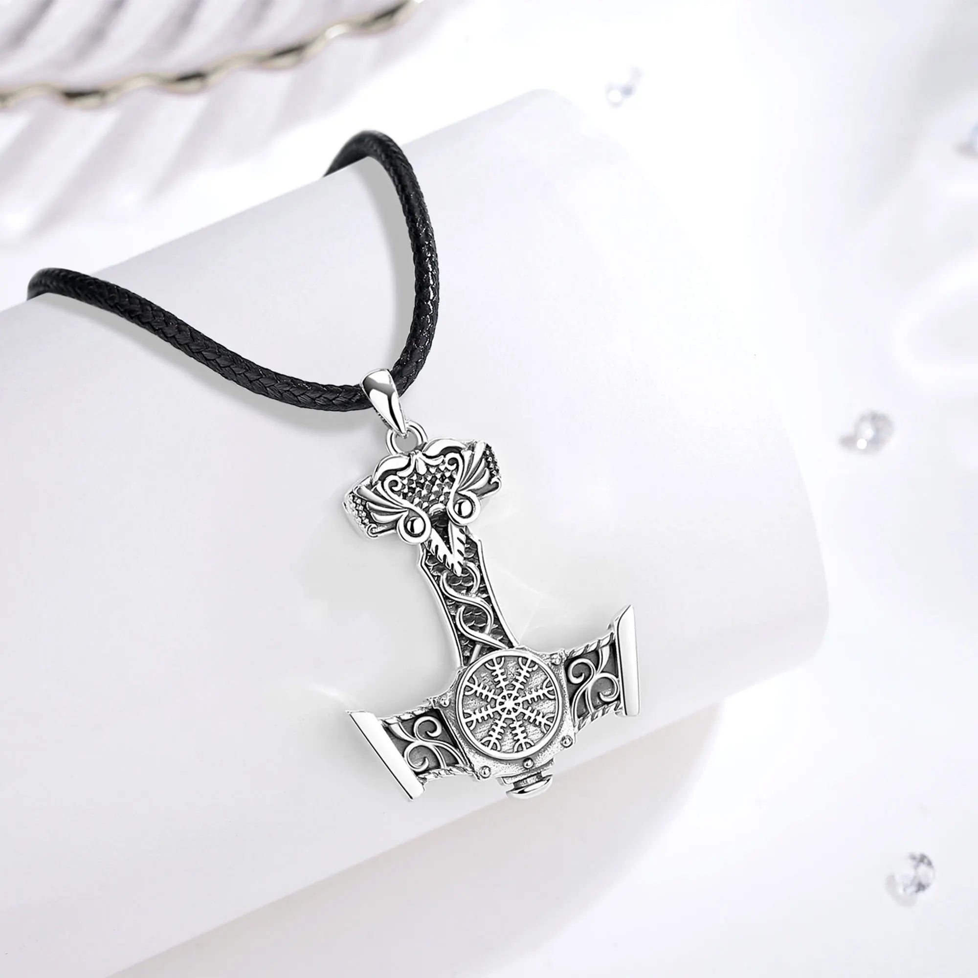 Mjolnir Necklace With Aegishjalmur in 925 Sterling Silver