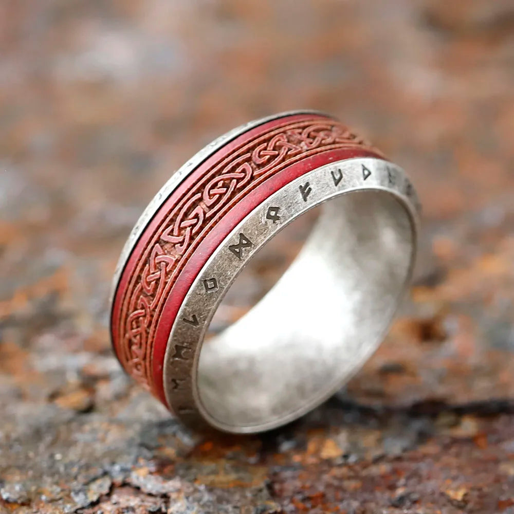 Red Norse Knot Rune Ring Stainless Steel and Rosewood Ring
