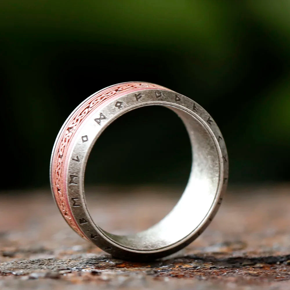 Red Norse Knot Rune Ring Stainless Steel and Rosewood Ring