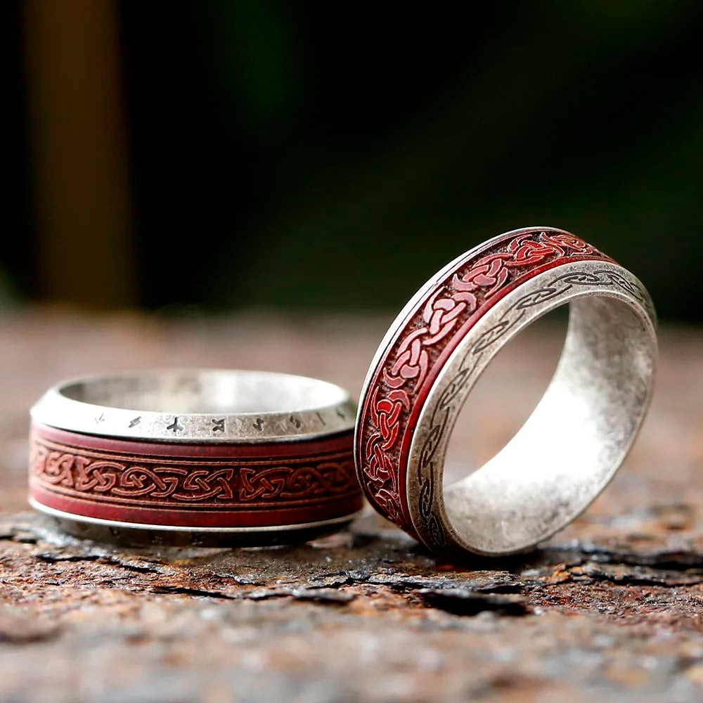Red Norse Knot Rune Ring Stainless Steel and Rosewood Ring
