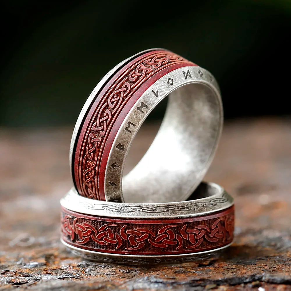 Red Norse Knot Rune Ring Stainless Steel and Rosewood Ring