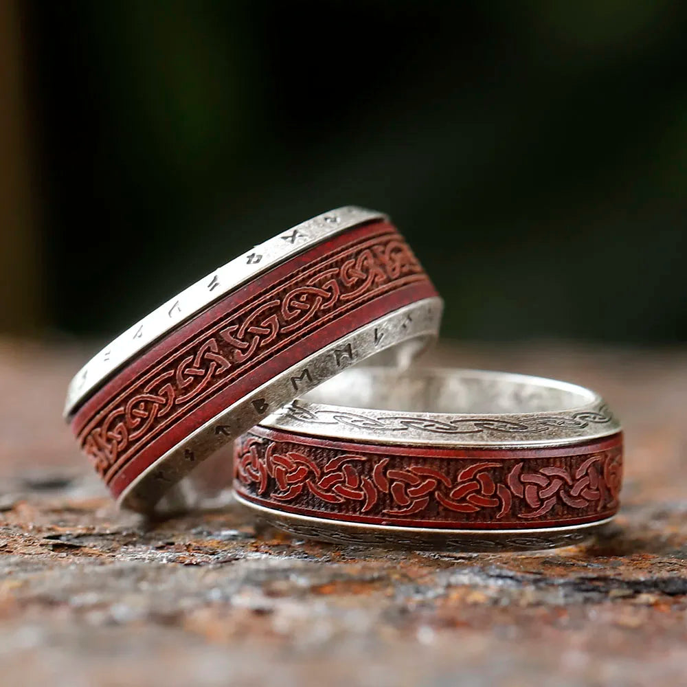 Red Norse Knot Rune Ring Stainless Steel and Rosewood Ring