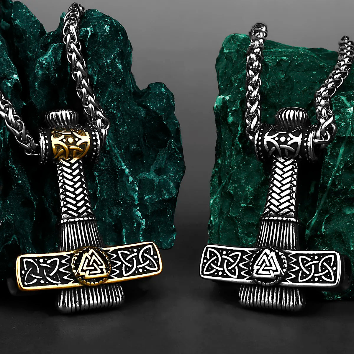 Mjolnir Necklace with Valknut Relief Stainless Steel Necklace