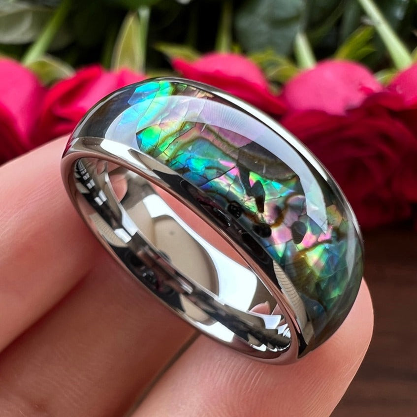 Wide Bifrost the Rainbow Bridge 8mm wide Tungsten Carbide Ring with Abalone Shell Inlay