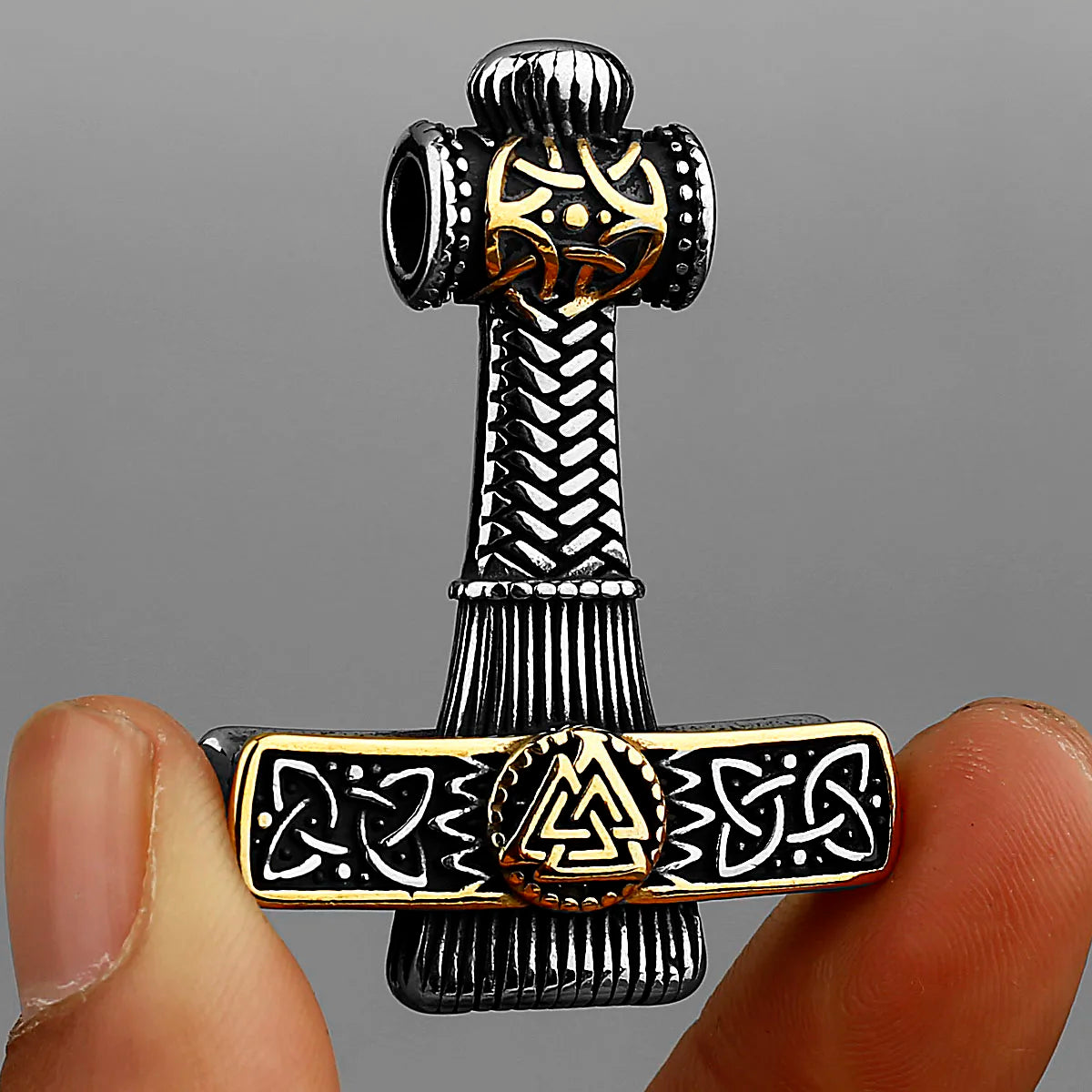 Mjolnir Necklace with Valknut Relief Stainless Steel Necklace