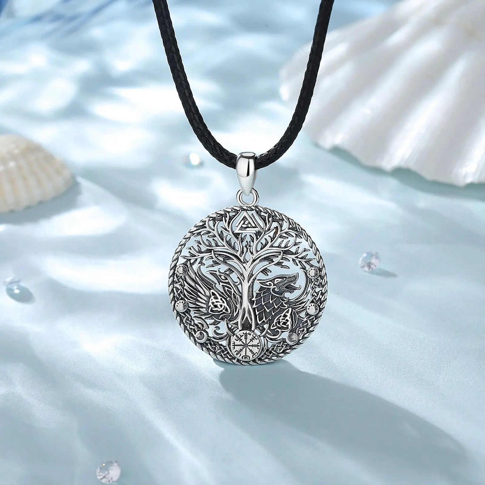 Wolf and Raven over Yggdrasil 925 Sterling Silver Necklace