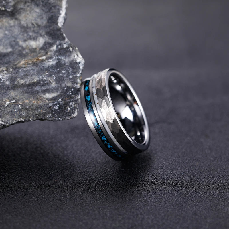 Thor and Sif Wedding Band in 8mm Tungsten Carbide with Deer Antler and Crushed Turquoise