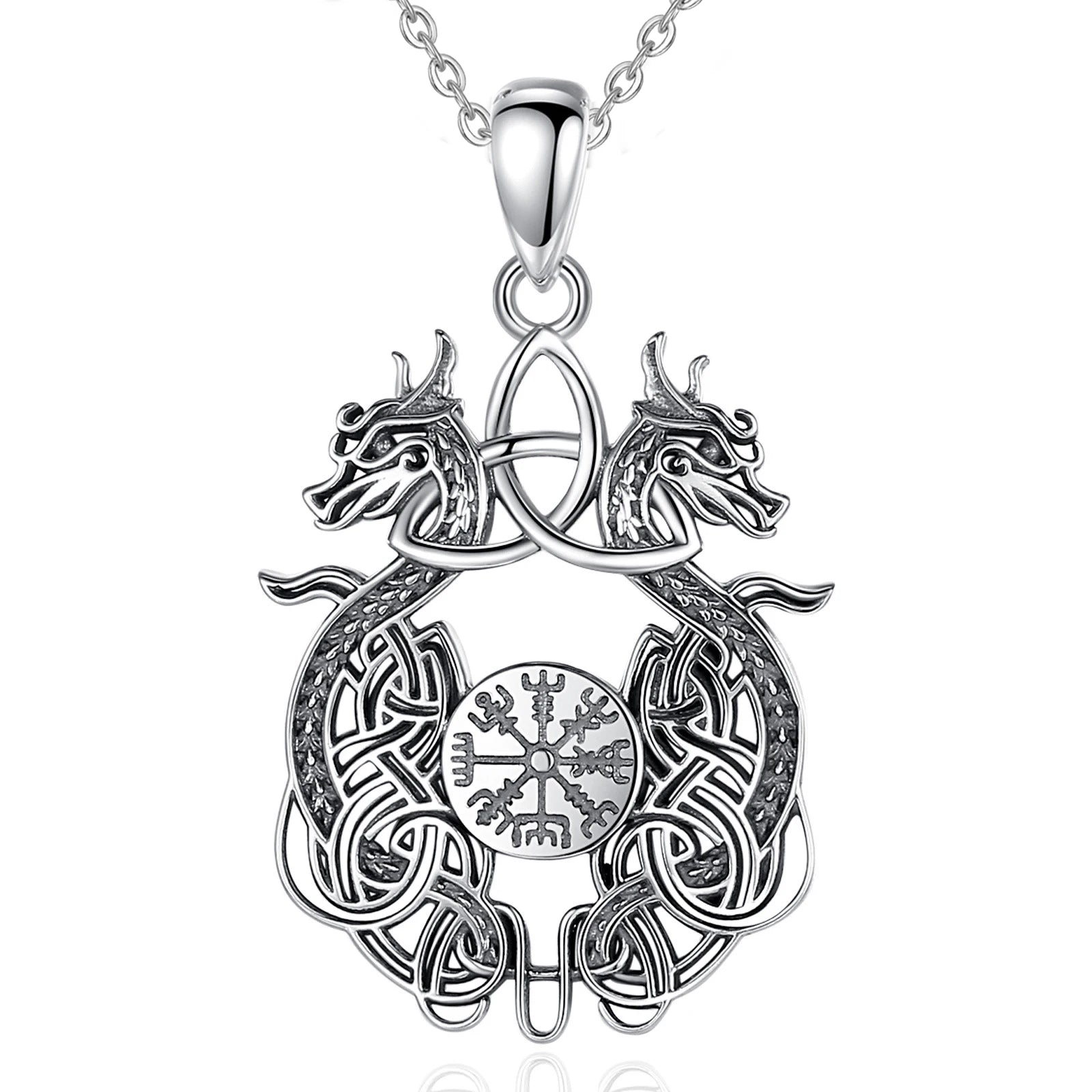 Norse Dragon and Vegvisir 925 Sterling Silver Necklace