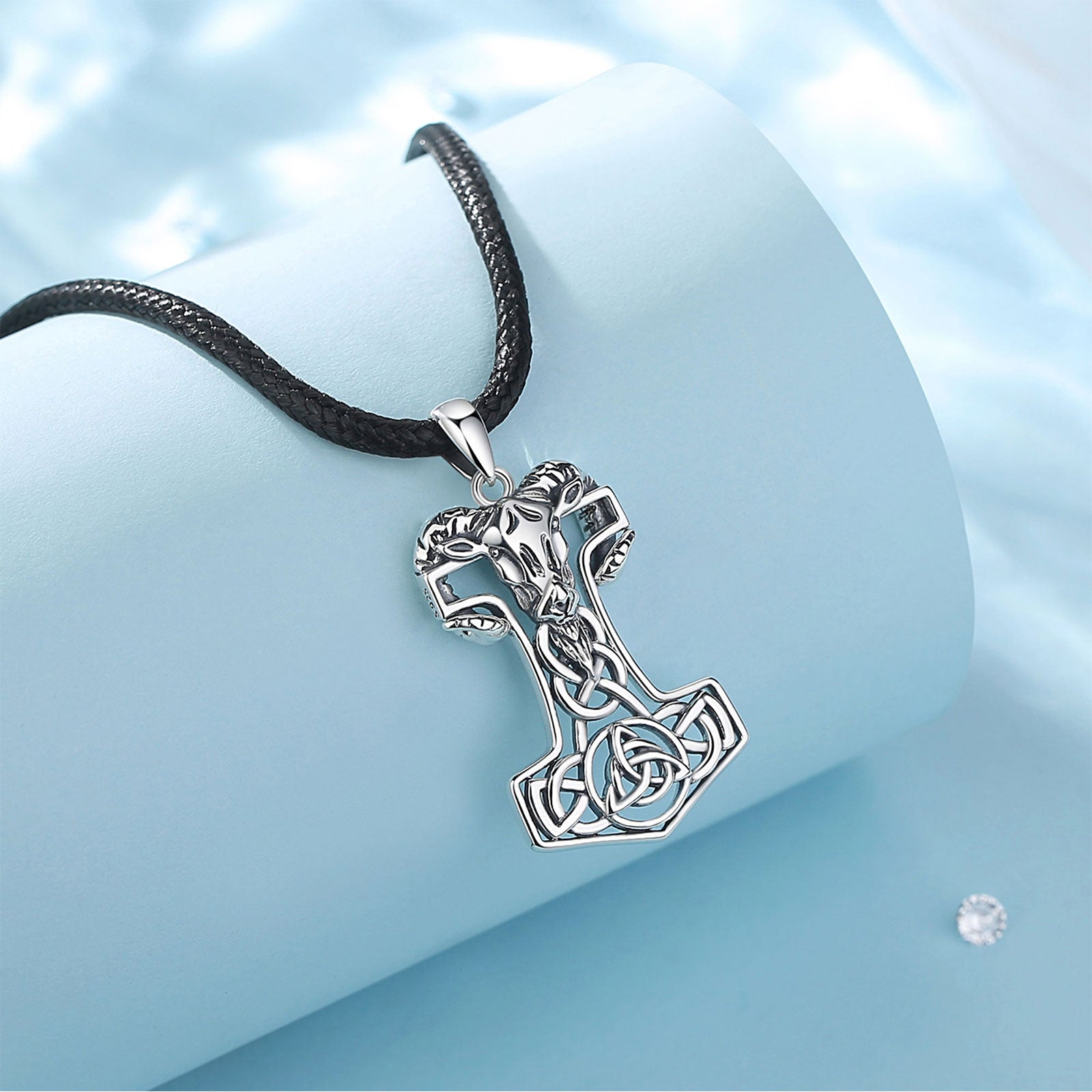 Mjolnir with Goat and Triskele 925 Sterling Silver Necklace