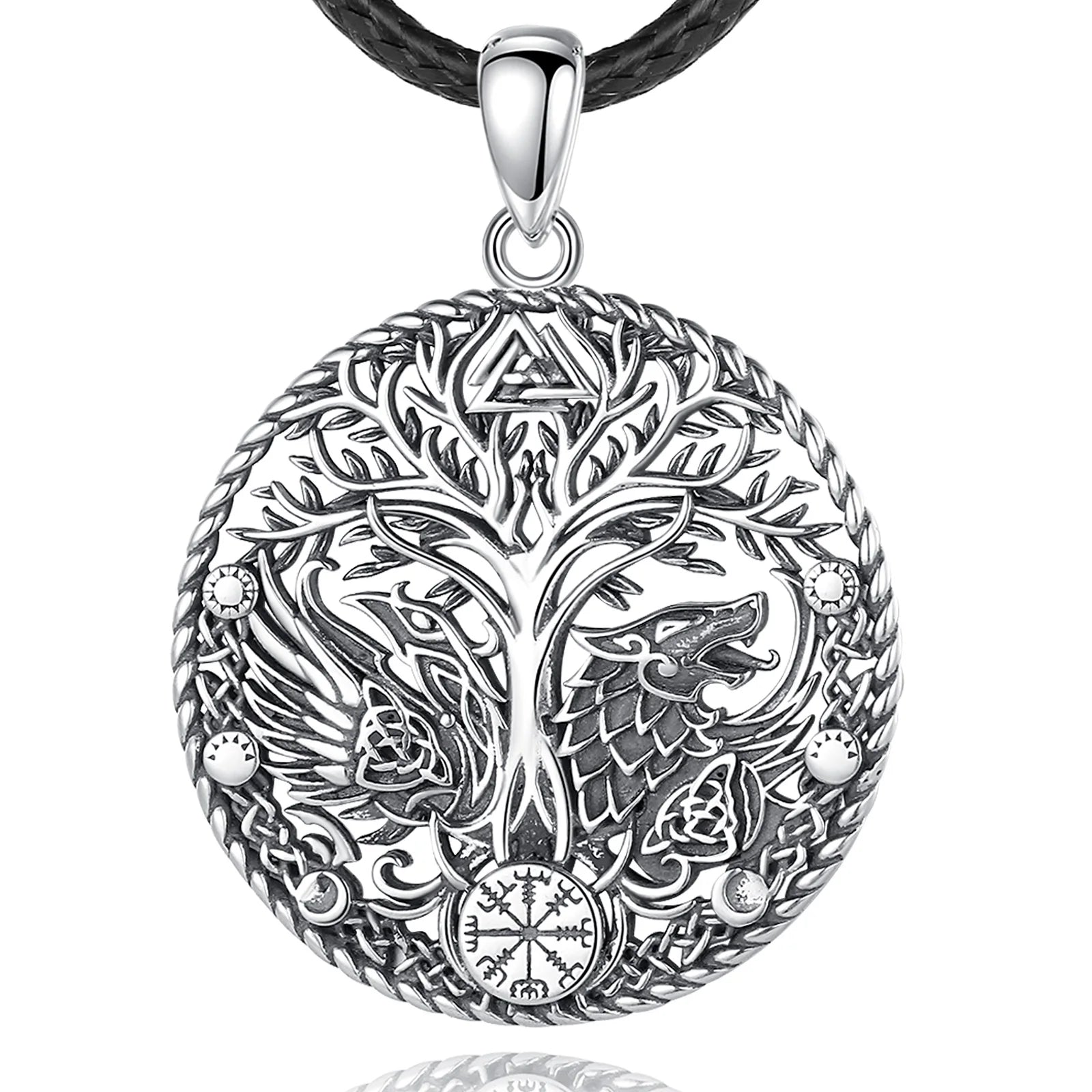 Wolf and Raven over Yggdrasil 925 Sterling Silver Necklace