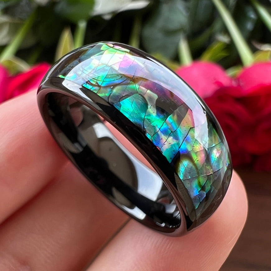 Wide Bifrost the Rainbow Bridge 8mm wide Tungsten Carbide Ring with Abalone Shell Inlay