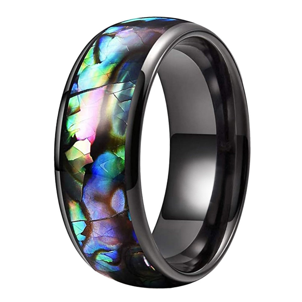 Wide Bifrost the Rainbow Bridge 8mm wide Tungsten Carbide Ring with Abalone Shell Inlay