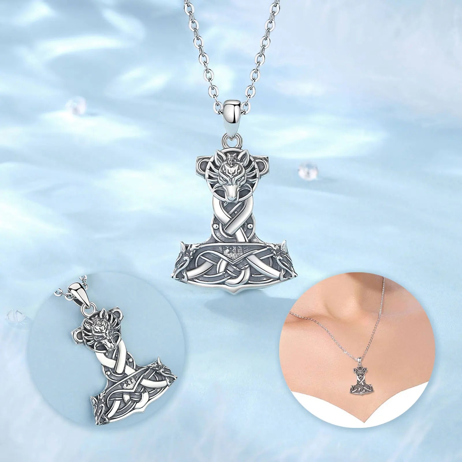 Wolf on Mjolnir 925 Sterling Silver Necklace