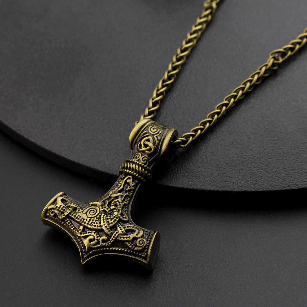 Brass Mjolnir Necklace Thor's Hammer with Norse Knot Motif