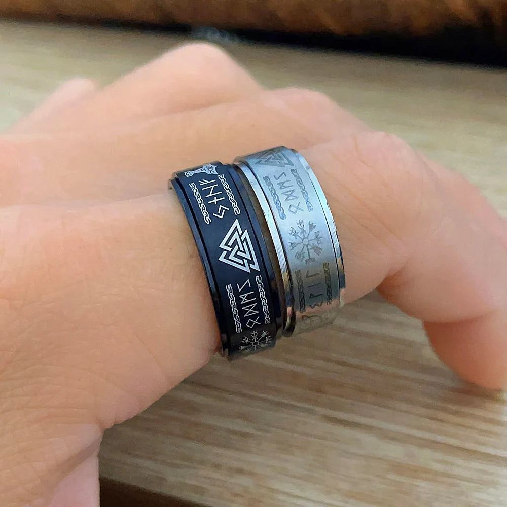 Steel Walknut ring - Odin's Rune Ring
