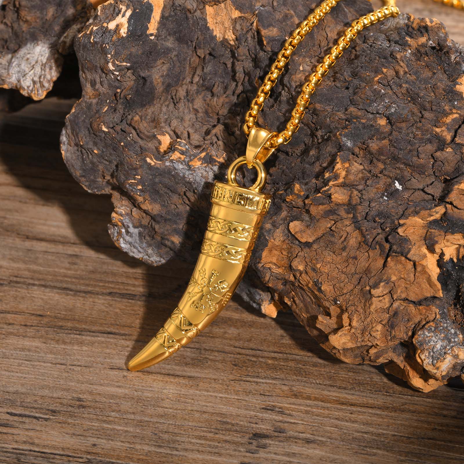 Gjallarhorn the Horn of Heimdall With Vegvisir Rune Stainless Steel Necklace