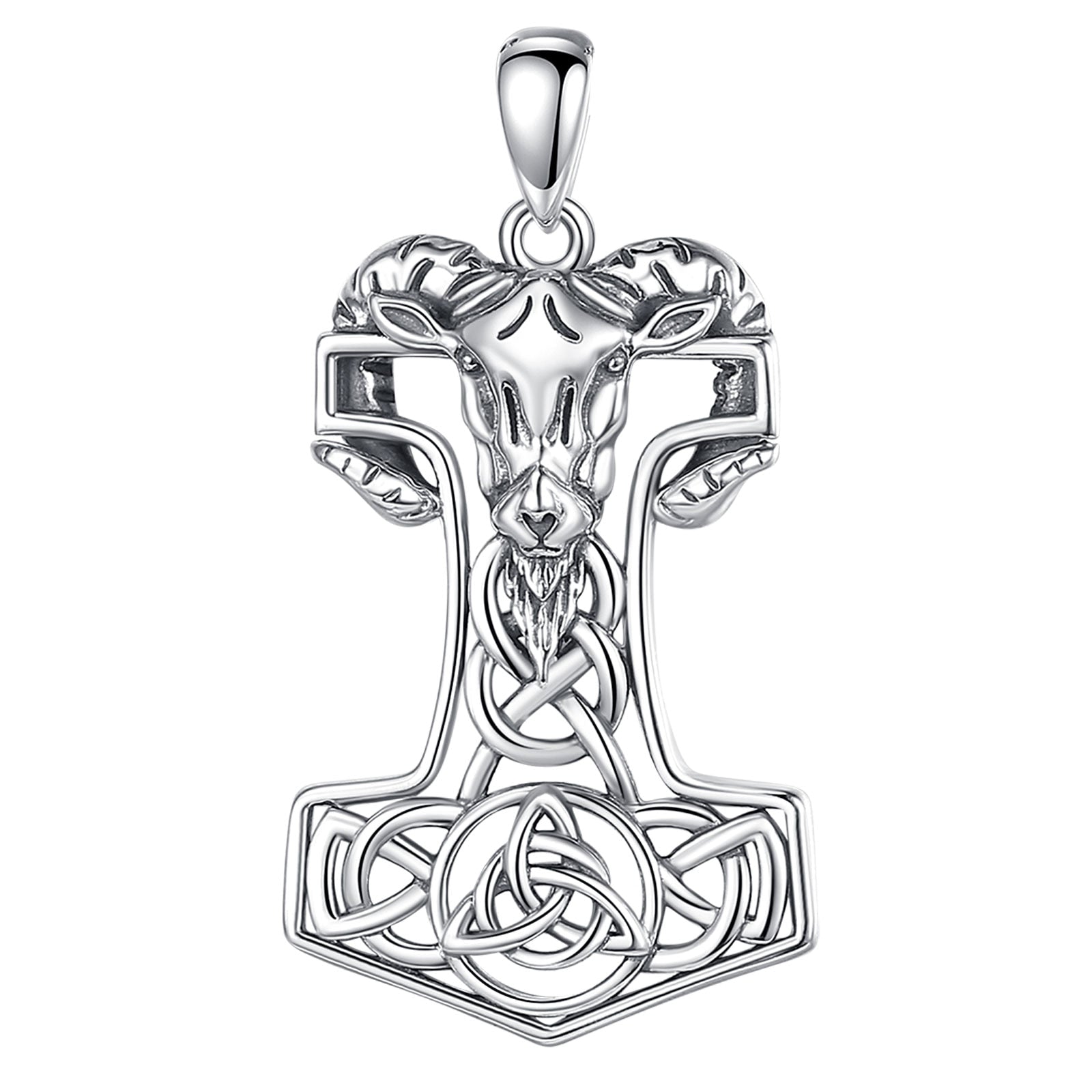 Mjolnir with Goat and Triskele 925 Sterling Silver Necklace
