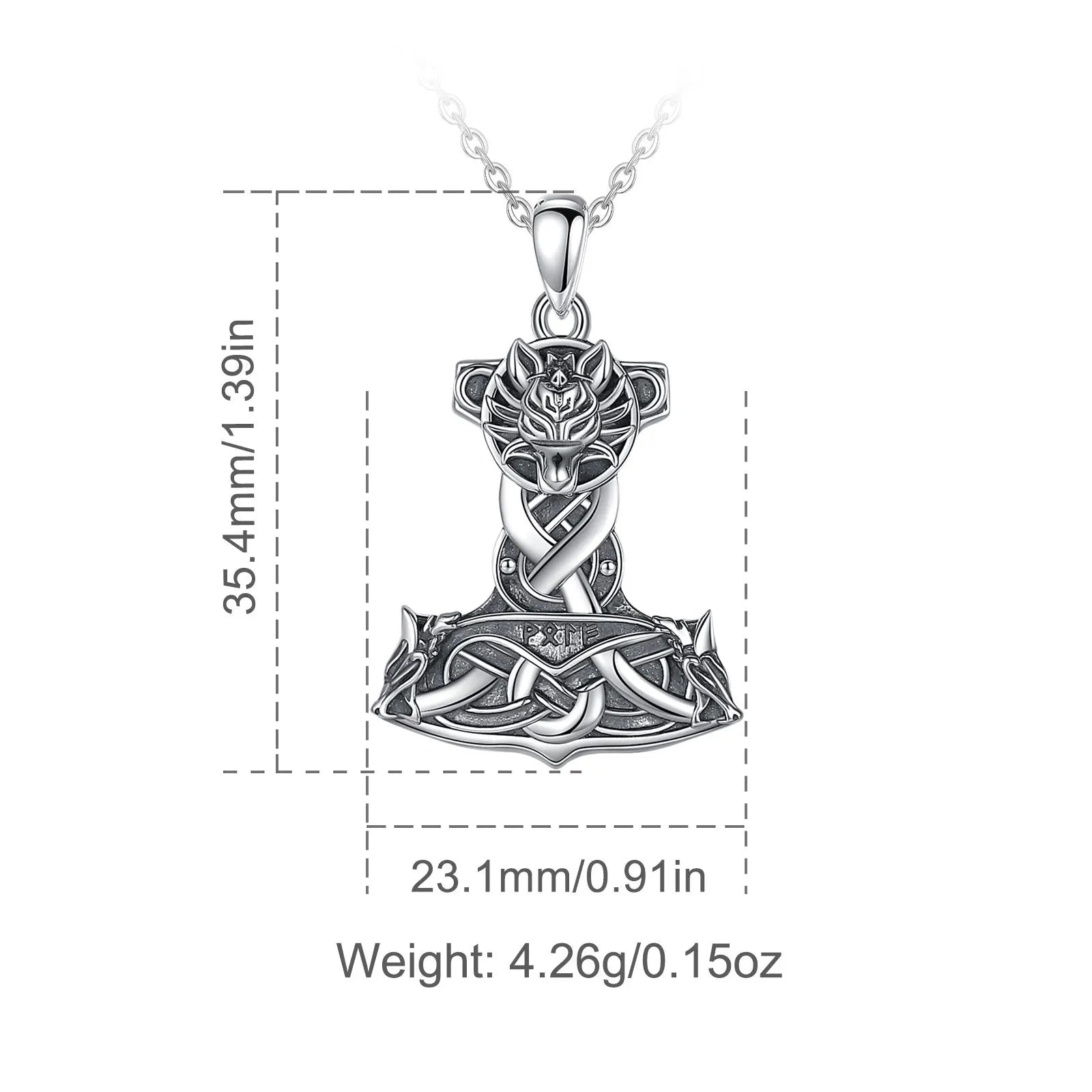 Wolf on Mjolnir 925 Sterling Silver Necklace