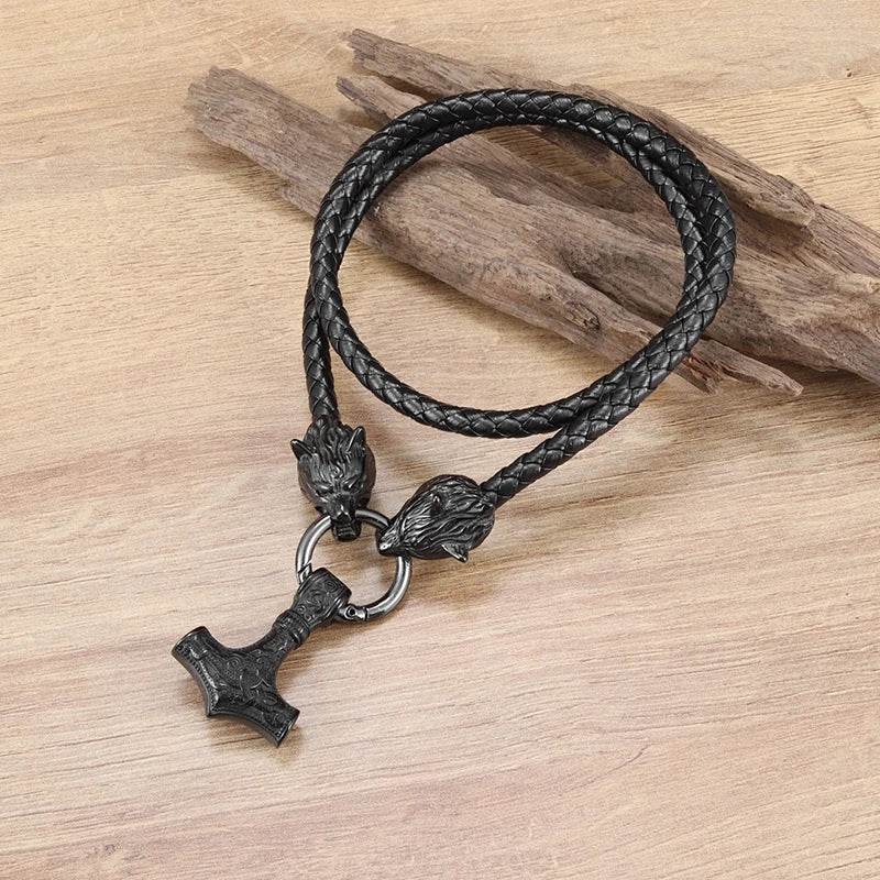 Hammer of Thor Mjolnir with Wolf Stainless Steel Necklace