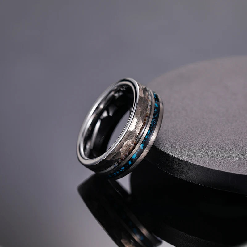 Thor and Sif Wedding Band in 8mm Tungsten Carbide with Deer Antler and Crushed Turquoise