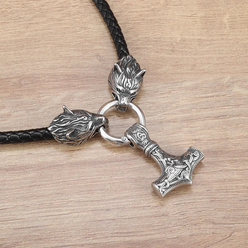 Hammer of Thor Mjolnir with Wolf Stainless Steel Necklace