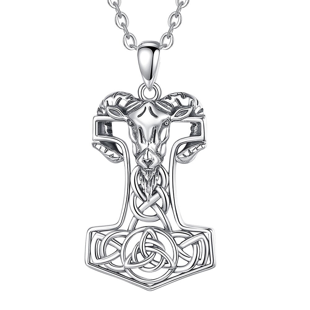 Mjolnir with Goat and Triskele 925 Sterling Silver Necklace