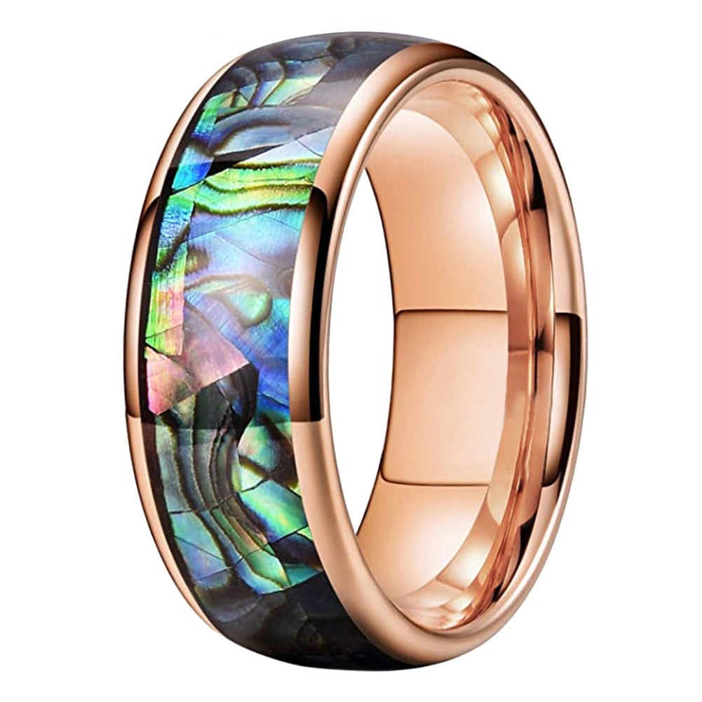 Wide Bifrost the Rainbow Bridge 8mm wide Tungsten Carbide Ring with Abalone Shell Inlay