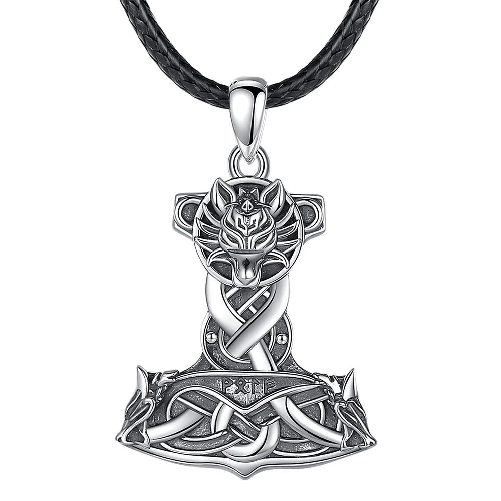 Wolf on Mjolnir 925 Sterling Silver Necklace