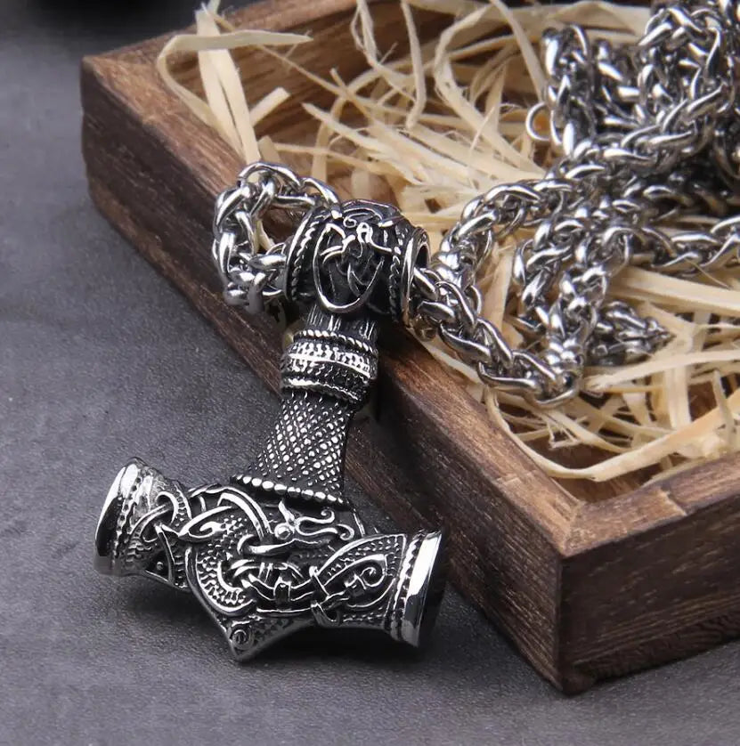 Hammer of Thor Mjolnir with Dragon Knot Stainless Steel Necklace
