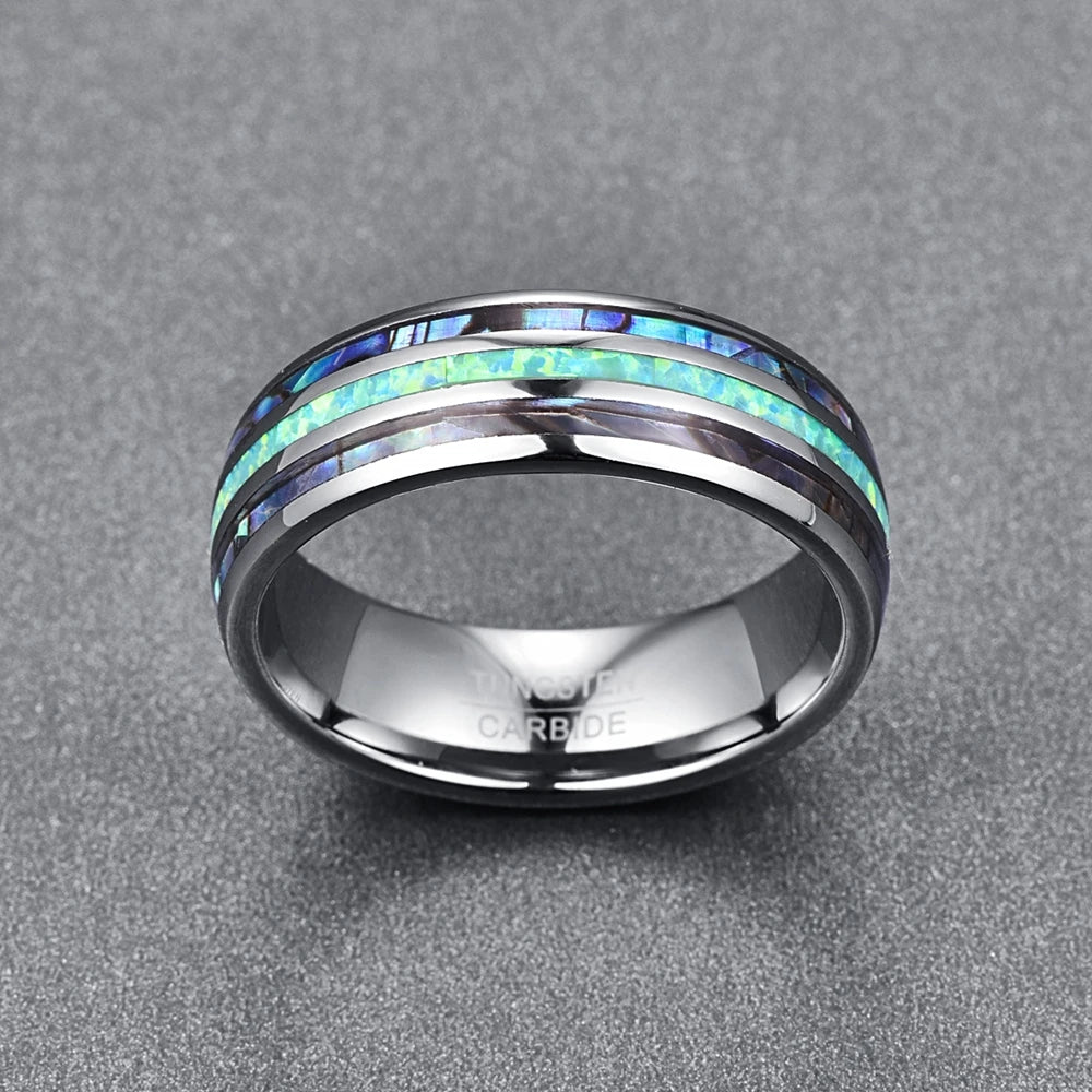 Ginnungagap Fire and Ice 8mm Tungsten Carbide Ring with Abalone Shell and Green Opal Stone