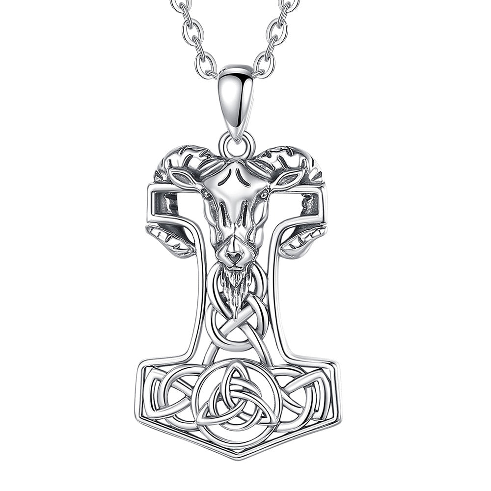 Mjolnir with Goat and Triskele 925 Sterling Silver Necklace