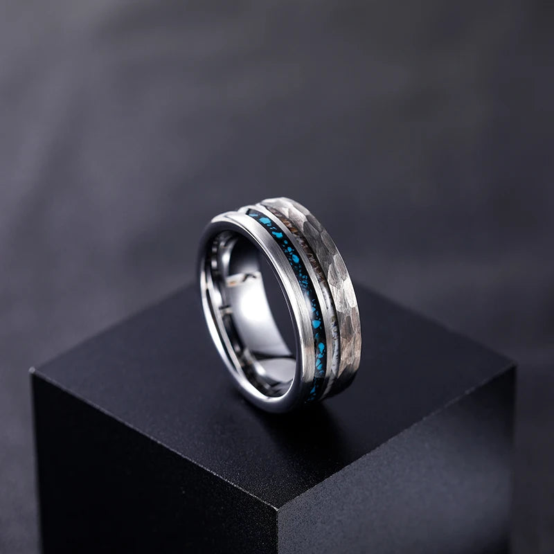 Thor and Sif Wedding Band in 8mm Tungsten Carbide with Deer Antler and Crushed Turquoise